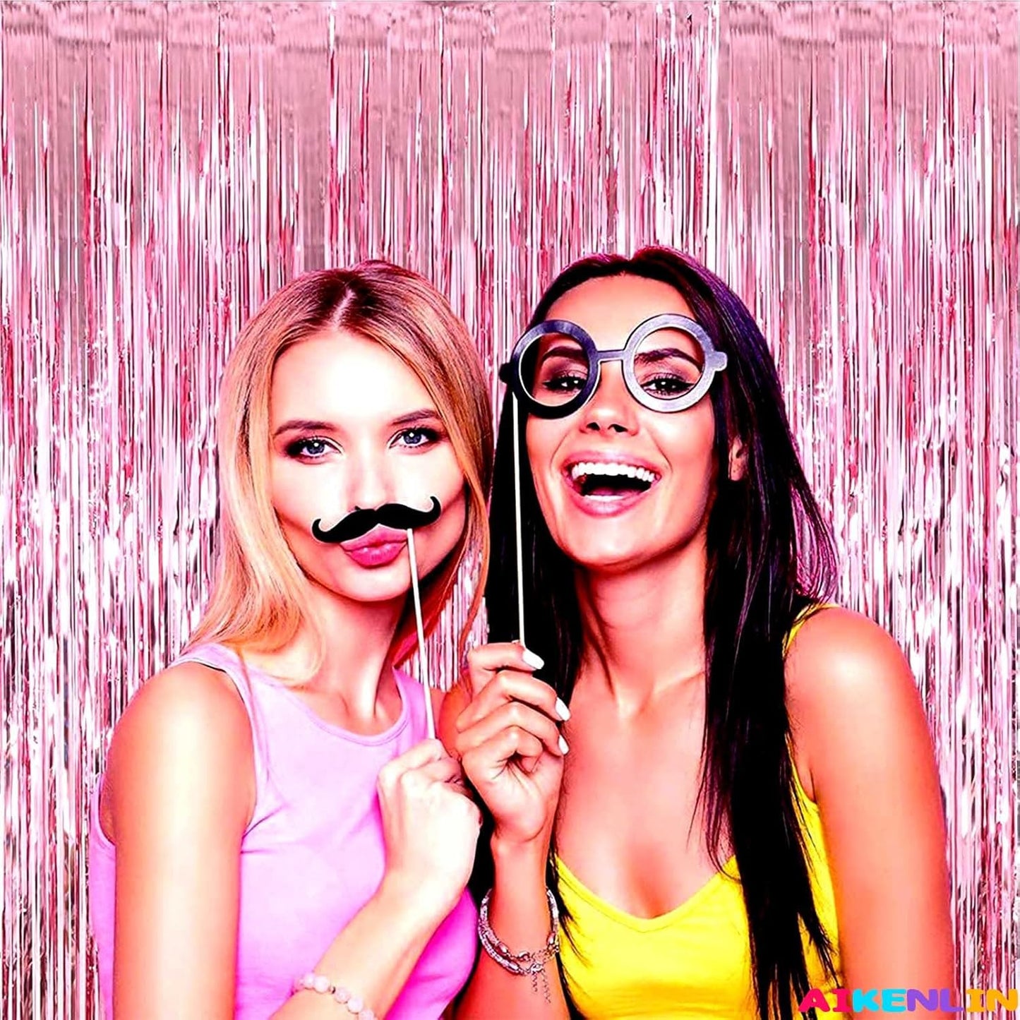 4 Pack 3.3Ft x 6.6Ft Pink Foil Fringe Curtain Backdrop, Metallic Tinsel Foil Fringe Streamers Curtains Background for Photo Booth, Birthday, Wedding, Halloween, Christmas Party Decoration