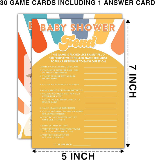 Boho Sunshine Baby Shower Games for Boy, 30 Baby Shower Feud Game Cards with 1 Answer Card, Gender Reveal Party Supplies Favors (5"x7") -A07
