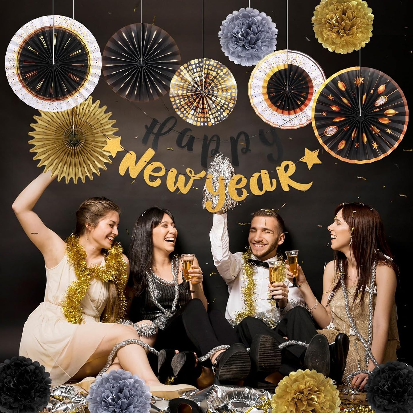 SUNBEAUTY Birthday Party Decorations Gold Black Hanging Paper Fans Tissue Pom Poms Happy New Year Banner, Eve Party Supplies for 2025