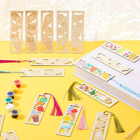 Yexiya 100 Pcs Bulk Summer Ice Cream DIY Bookmarks Kit - 50 Set Unfinished Wood Crafts with Tassels for Classroom Rewards, Student End of Year Gifts, Summer Camp & Luau Party Favors