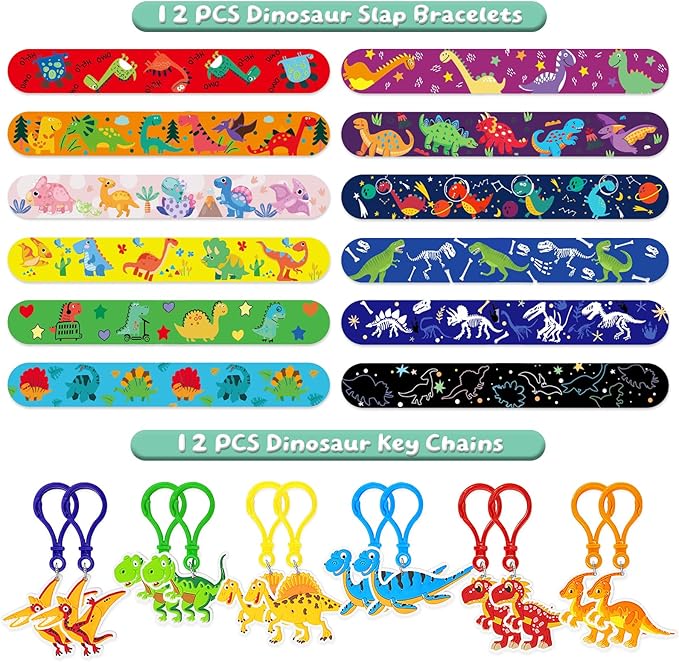 12 Pack Dinosaur Birthday Party Favors Decorations Supplies for Kids, Dino Theme Goodie Bags Fillers with Silicone Fidget Stretch Toys, 3D Dino Boxes, Bubble Wands, Hats, Slap Bracelets, Stickers