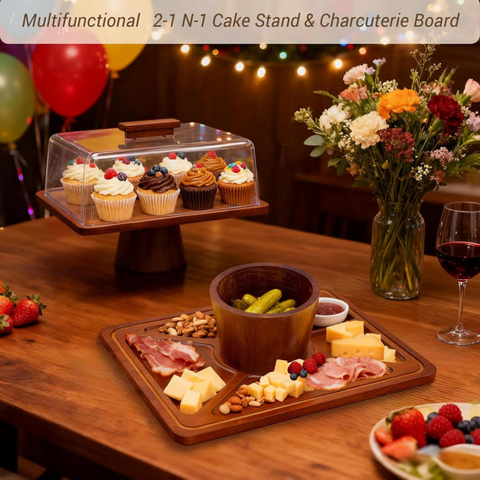 Wood Cake Stand with Lid, Rectangular Cake Holder, 2-in-1 Dessert Table Display Set & Charcuterie Board for Cheese, Cake Fruit Display Server Tray for Kitchen, Birthday, Weddings - Footed