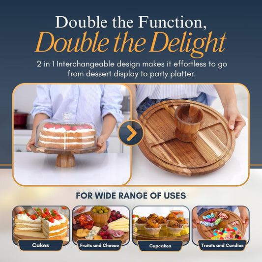 Linda's Essentials Acacia Wood Cake Stand with Lid - 12 Inch Round Cake Holder Stand with 5 Bonus Cake Sheets, 2-in-1 Wooden Cake Stand with Dome & Charcuterie Board for Cheese, Cake Plate with Lid