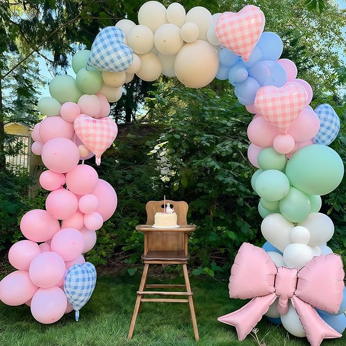 Silly Goose Balloon Arch with Checkered Heart Bow Foil Balloons, Pink Blue Sage Green Sand White Ivory Balloon Garland for Girls Boys First Birthday Baby In Bloom Baby Shower Flower Fairy Tea Decor