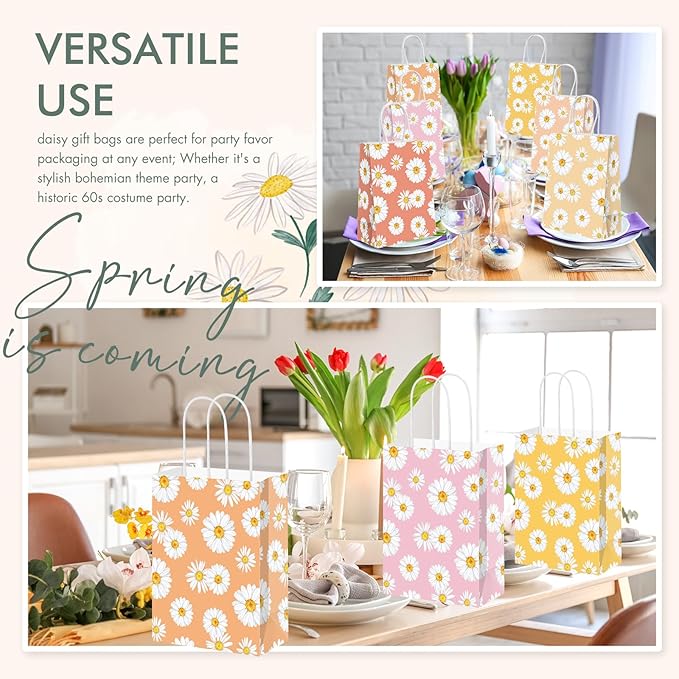 Sweetude 48 Pcs Groovy Party Favors Gift Bags with Handles Hippie Boho Daisy Goodie Treat Candy Bags for Girls Wedding Retro Birthday Baby Shower Party Decorations