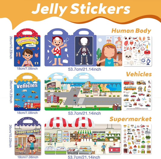 6 Sets Reusable Sticker Books for Toddlers, Jelly Stickers for Kids, Toddler Craft Activities and Travel Toys for Kids 2 3 4 5 Years Old Girls & Boys