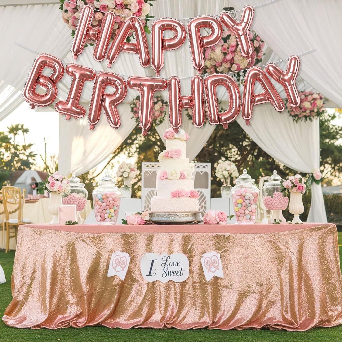 Happy Birthday Banner Balloon Rose Gold, 16 Inch Happy Birthday Mylar Foil Balloon Letters Banner, Self Inflating Birth Balloons Bunting for Girls Women Bday Party Decorations Supplies