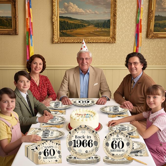 96Pcs 60th Birthday Party Paper Plates and Napkins for Back in 1966 Themed Party Supplies Vintage 60 Year Old Dessert Plates 60th Tableware for Men Women Birthday Gatherings Decorations