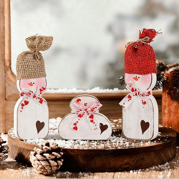 6 Pcs Valentines Day Wood Snowman Table Decorations Winter Snowman Tabletop Block Sign Rustic Farmhouse Xmas Tiered Tray Decor for Christmas Winter Holiday Home Office Shelf Party Decor