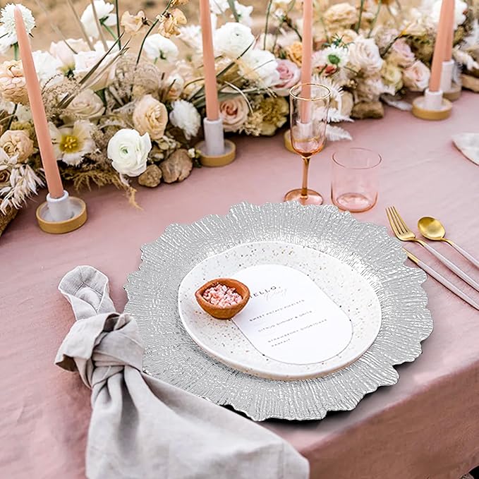 50 Pcs Silver Charger Plates Bulk 13 Inch Plastic Charger Plates for Dinner Plate, Silver Chargers for Table Setting, Reef Design Plate Floral Decorative Round Chargers for Wedding Party, Event