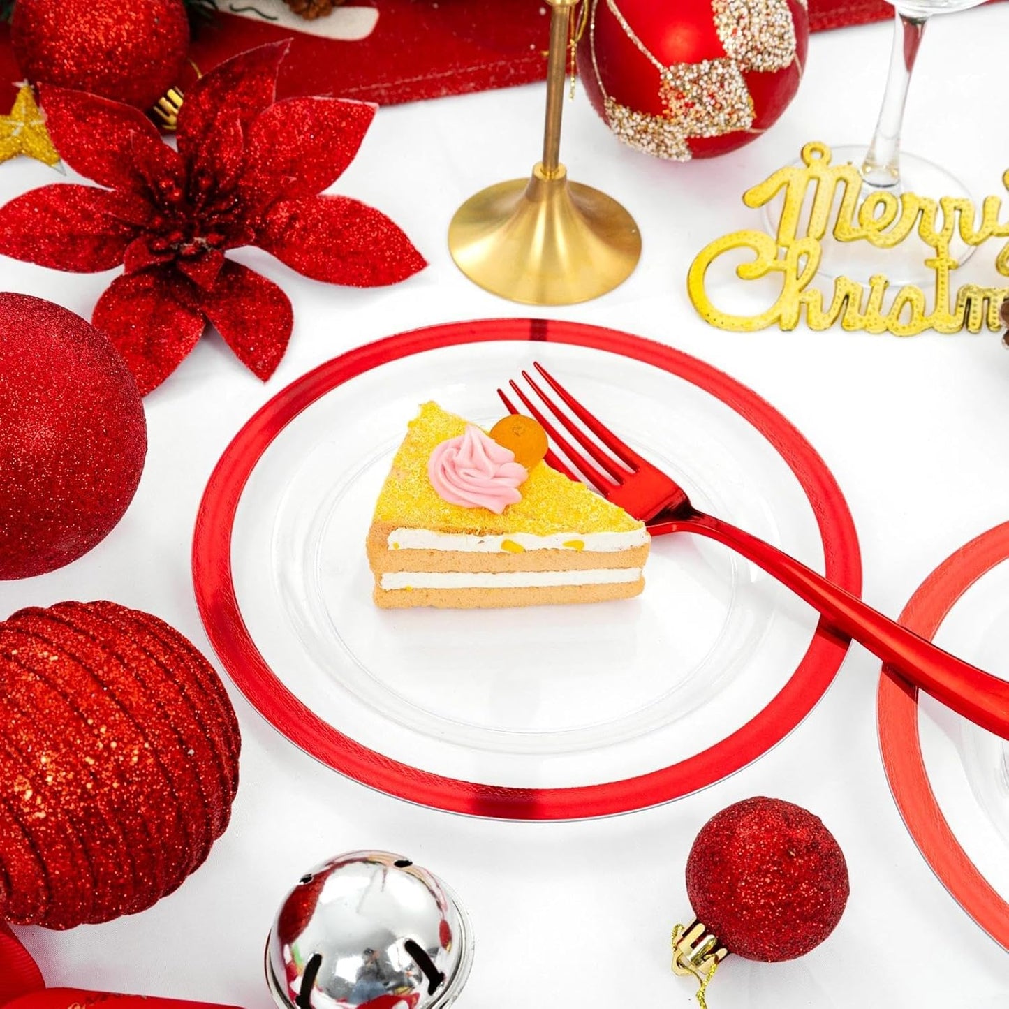 U-QE 200PCS Red Plastic Plates - Clear Red Plastic Plates Disposable Heavy Duty - Include 100 10" Dinner and 100 7" Dessert Platos for Party
