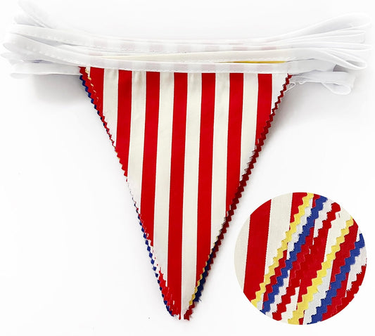 32Ft Red Blue Yellow Carnival Party Decorations Red Striped Carnival Circus Clown Triangle Flag Pennant Bunting Banner Fabric Garland Streamers for Kids Birthday Baby Shower Outdoor Decor Supplies