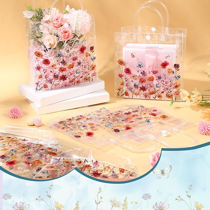Kacctyen 24 Pcs Wildflower Party Favor Wildflower Clear PVC Gift Bags for Wedding Birthday Baby Shower Butterfly Flower Printed Treat Bags with Handles Return Gift Wrap Totes for Guests