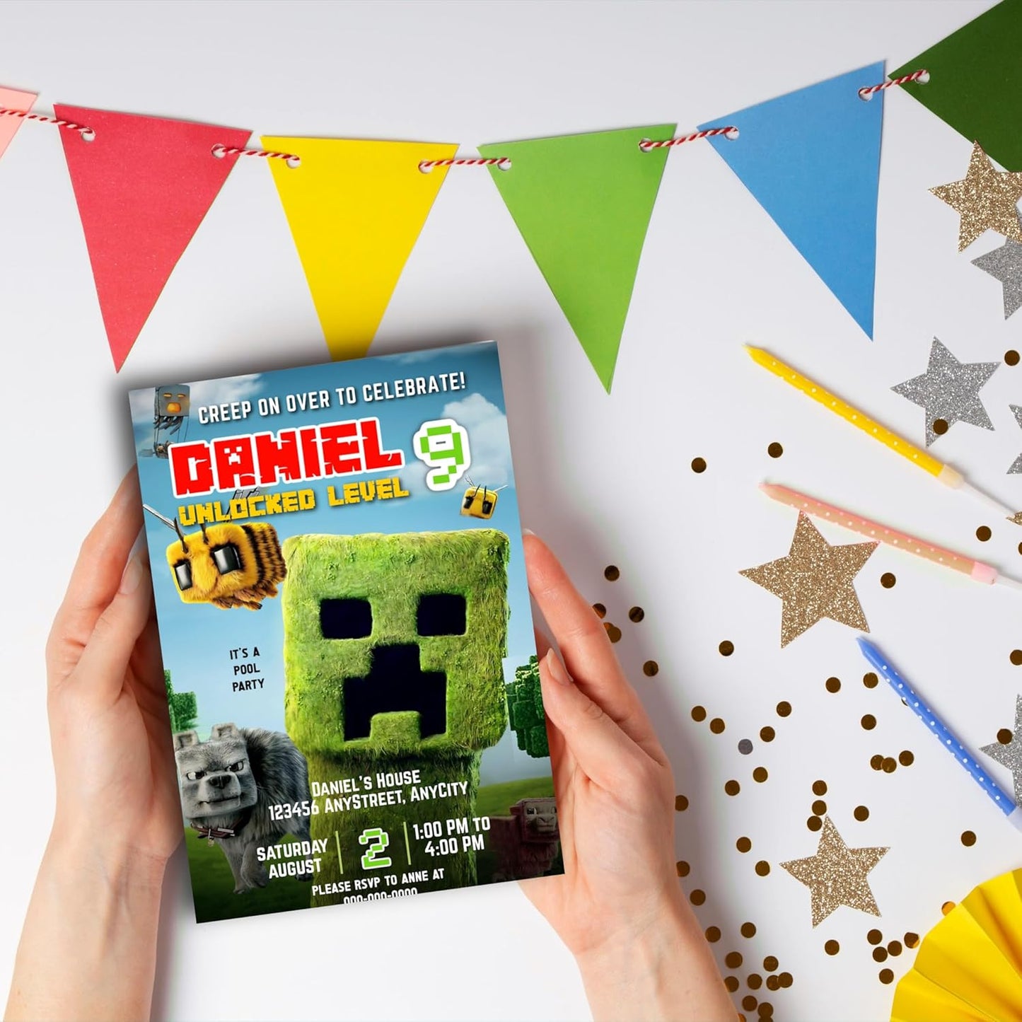 Fully Customizable minecraft Birthday Party Invitations, 4 x 6 inches, with Self-Sealing Envelopes, Gaming Theme Design, minecraft Birthday Invitations for Boys and Girls (Mnecraft/Creeper)
