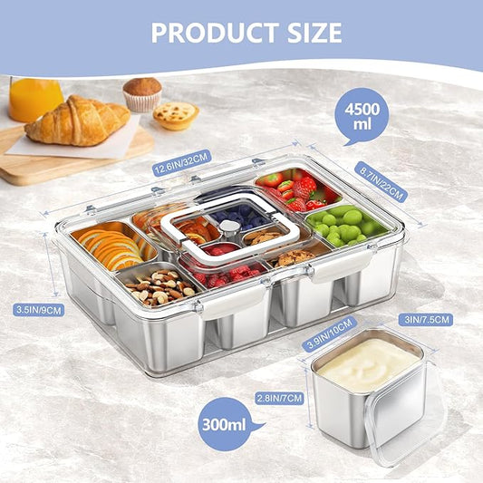 Snackle Box Container with 8 Removable Stainless Steel Containers – Clear Divided Serving Snack Tray with Lid & Handle – Leak-Proof for Wet/Dry Food – Perfect for Parties, Travel, Office