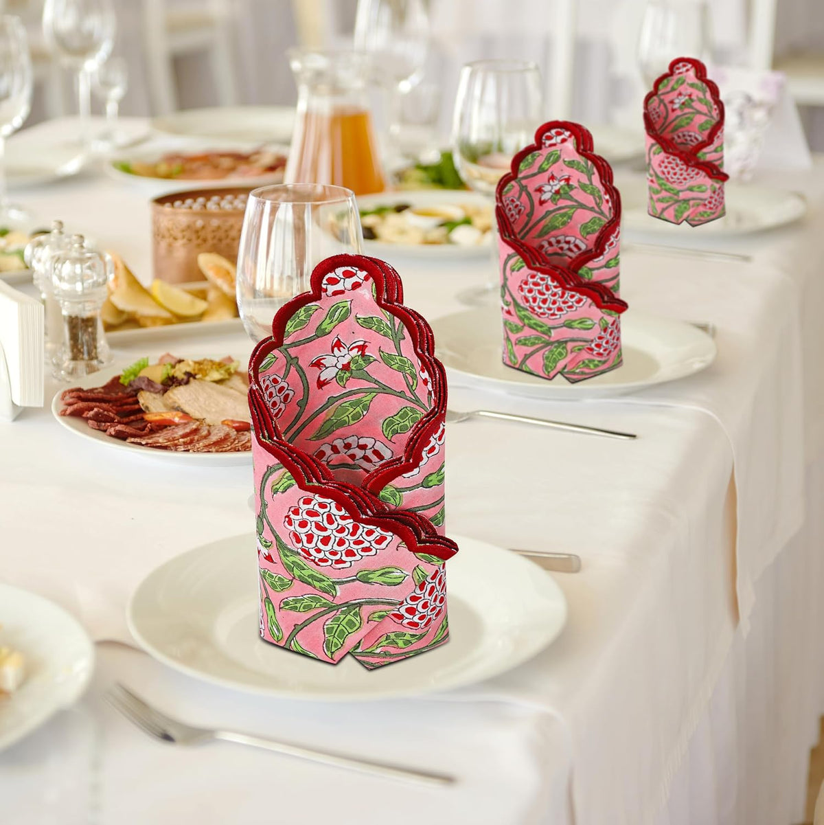 Ridhi Strawberry Pink Hand Block Print Napkins 18" x 18" Set of 4 Reusable Cotton Dinner Napkins for Weddings, Parties & Everyday Dining, Thanksgiving, Christmas, Fall