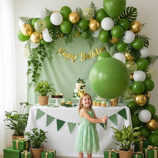 LovesTown Sage Green Balloon Garland Kit, 150PCS Arch Kit Different Sizes Latex Balloons Gold Olive Green Confetti Metallic Balloons for Jungle Woodland Theme Party Decorations