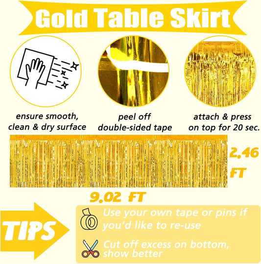 6 Pack 29x108 Inch 2024 New Year Metallic Foil Fringe Table Skirts Banner for Tinsel Streamer Garland Curtains Backdrop for Parade Floats Wedding Baby Shower Birthday Party Decoration Gold