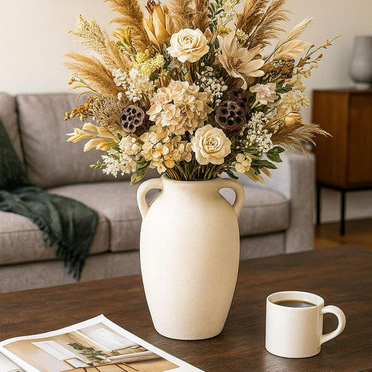 Rustic Ceramic Flower Vase with 2 Handles, Small Decorative Terracotta Boho Vase for Living Room, Table Centerpiece, Shelf Decor, Farmhouse, Entryway - 9.8 Inch Tall, Vintage White