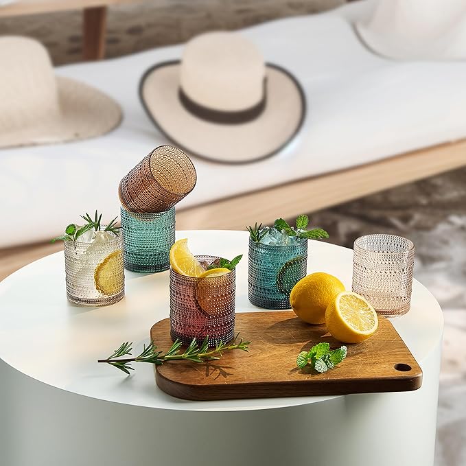 Khen Plastic Hobnail Drinking Glasses Set of 6 Neutral Tones Cups 14oz, Shatterproof & Unbreakable Acrylic Beaded Design, BPA-Free, Dishwasher Safe Indoor/Outdoor Drinkware for Water, Juice, Cocktails