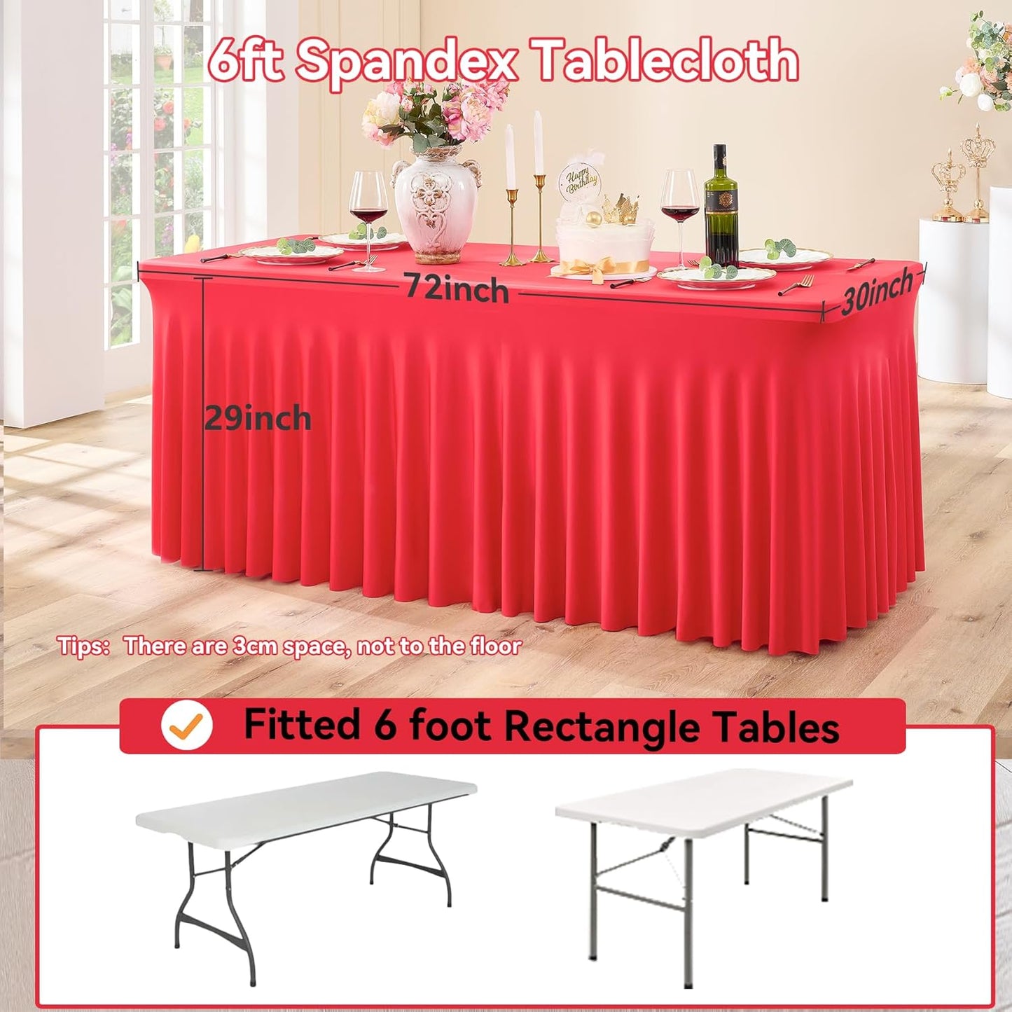 6 pk Red Spandex Tablecloth 6ft with Ruffle Skirt,Wrinkle Free High Stretch Fitted Tablecloths for 6 Foot Rectangle Tables,Pleated Skirts Spandex Table Covers 6ft for Christmas Party Banquet Wedding