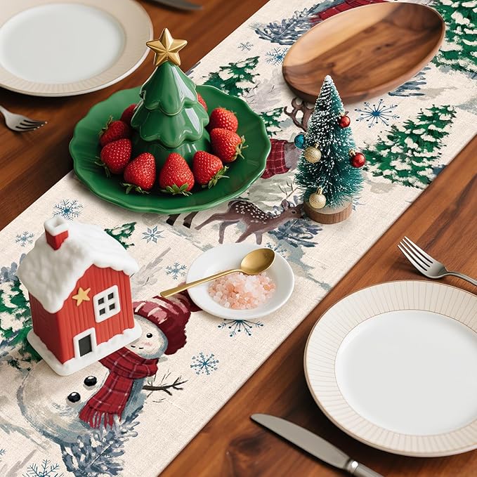Artscope Reindeer Snowman Christmas Tree Table Runner, Xmas Winter Snowflakes Holiday Kitchen Dining Table Decoration for Christmas Home Party Decor 13x48 Inch-Beige