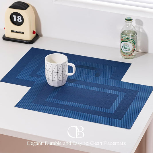 Placemats Set of 8 - Easy Clean Woven Vinyl Placemats for Dining Table, Indoor/Outdoor Place Mats, Washable PVC Table Mats(Navy Cube)