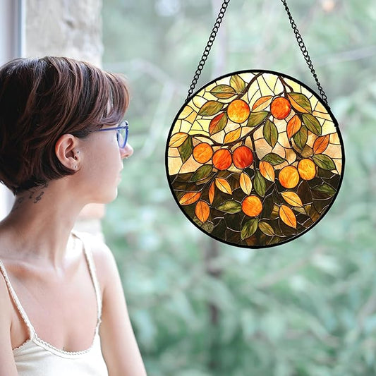 Stained Glass Suncatcher, Orange Green Fruit Tree Sun Catcher Landscape Stain Glass Window Hanging Decoration Mother's Day Birthday Gifts for Women Men Mom Nana 6.3 in