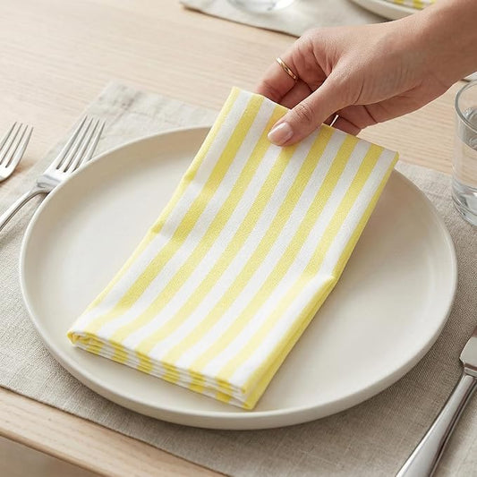 PurpleEssences Plain Striped Cloth Napkins - Set of 12-100% Cotton - 18 x 18 Inch - Spring Easter Summer and Perfect Everyday Use Dinner Napkin - Yellow and White
