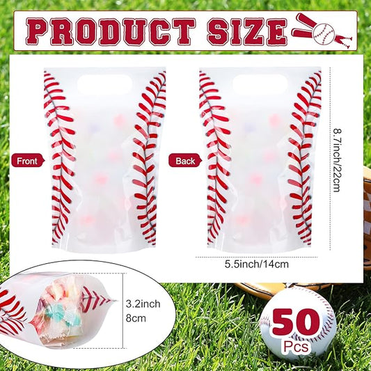 Blosssound 50 Pcs Sport Plastic Bags Clear Baseball Sealed Pouches with Handles Resealable Baseball Party Gift Bags for Sports Theme Birthday Party Candy Gift Wrap Supplies Decoration