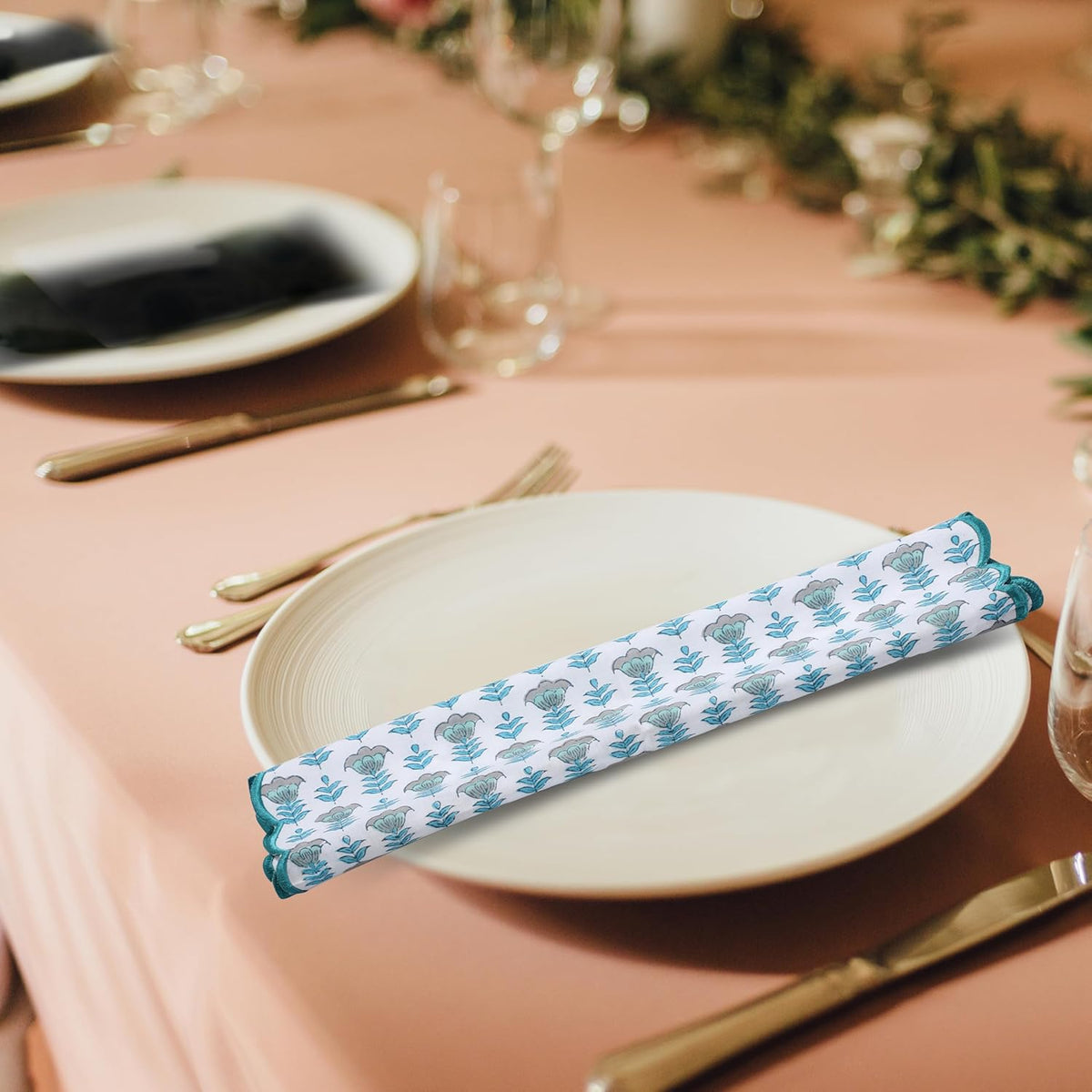Ridhi Aquamarine Blue Hand Block Print Napkins 18" x 18" Set of 4 Reusable Cotton Dinner Napkins for Weddings, Parties & Everyday Dining, Thanksgiving, Christmas, Fall