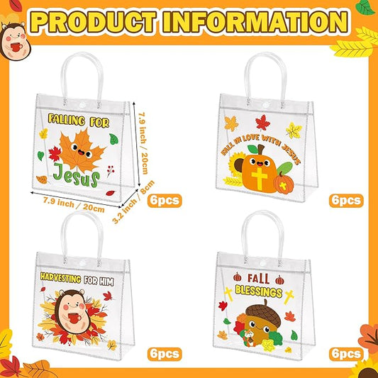 H1vojoxo Fall Blessings Gift Bags - 24PCS Religious Fall Clear PVC Gift Bags with Handle Reusable Christian Autumn Goodie Candy Bag for kids Sunday School Autumn Thanksgiving Party Favor Tote Bag