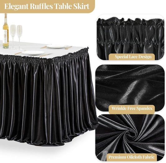 Wish Care 21ft Long Black Satin Table Skirt for Rectangle Wrinkle Free Glitter Desk Skirts Pleated Ruffle Table Cloth for Wedding Birthday Graduation Party Buffet Display Trade Show Table Decorations