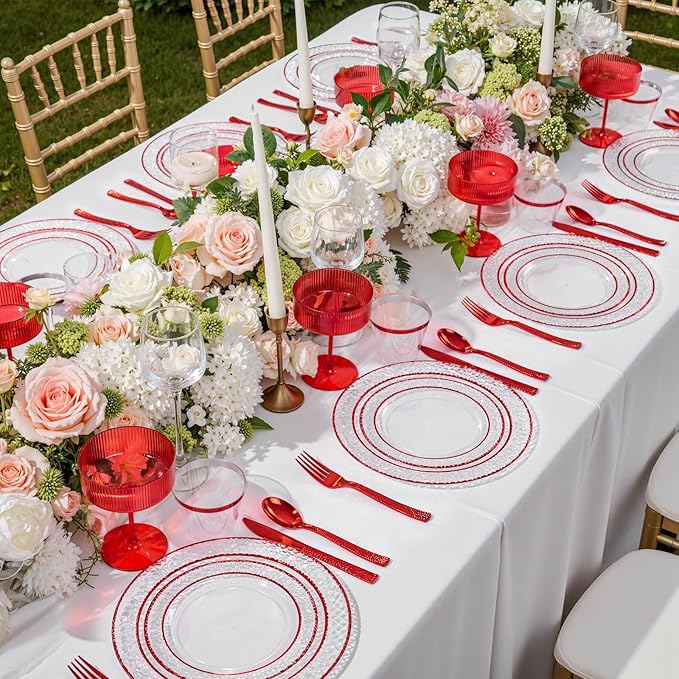 Ciaell 150 PCS Red Plastic Plates – Clear Hammered Disposable Plates with Red Rim include 50Plates, 25Forks, 25Knives, 25Spoons, 25Cups for Wedding & Party & Anniversary