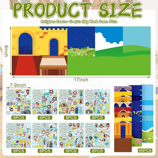 Frienda 48 Set Religious Easter Crafts Holy Week Scene Kits Make Your Own Christian Easter Stickers He is Risen Sticker Palm Sunday Crafts for DIY Classroom Sunday School Church Party Supplies