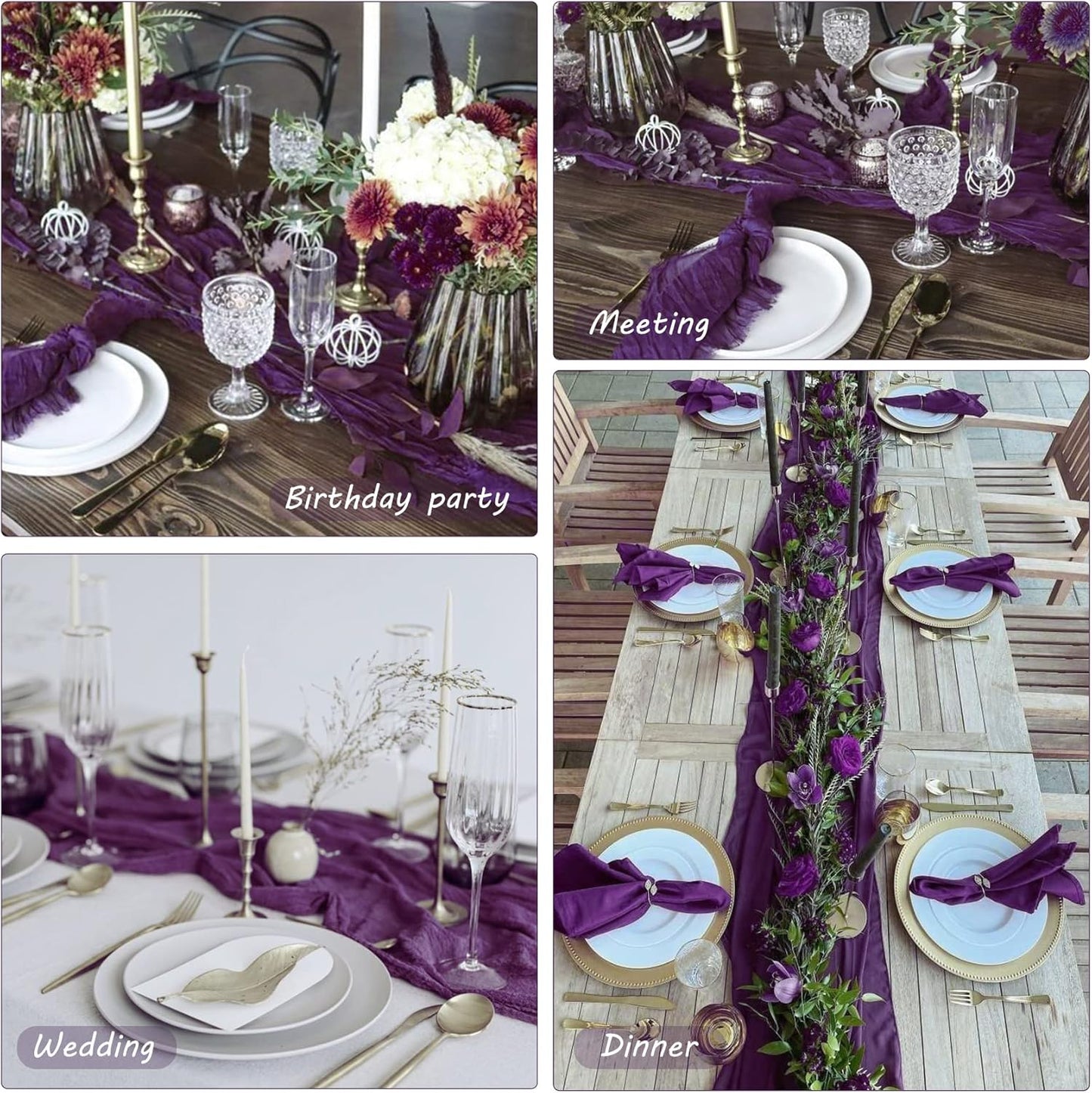 12 Pack 13Ft Cheesecloth Table Runner 35x157 Inch Boho Gauze Table Runner Cheese Cloth Long Rustic Table Runners for Wedding Bridal Shower Birthday Party Table Decor (Dark Purple)