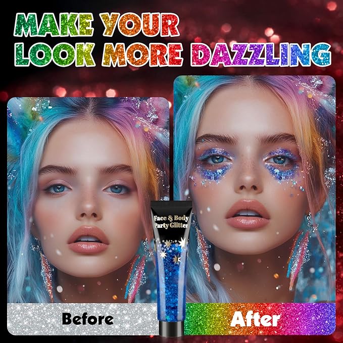 AROIC Face Glitter, 14Pcs Mardi Gras Accessories, Body & Hair Glitter Gel Sparkle Makeup for Women Party Rave Outfits, Concerts Festival Face Paint,Rave Accessories Music Festivals Black Light Party