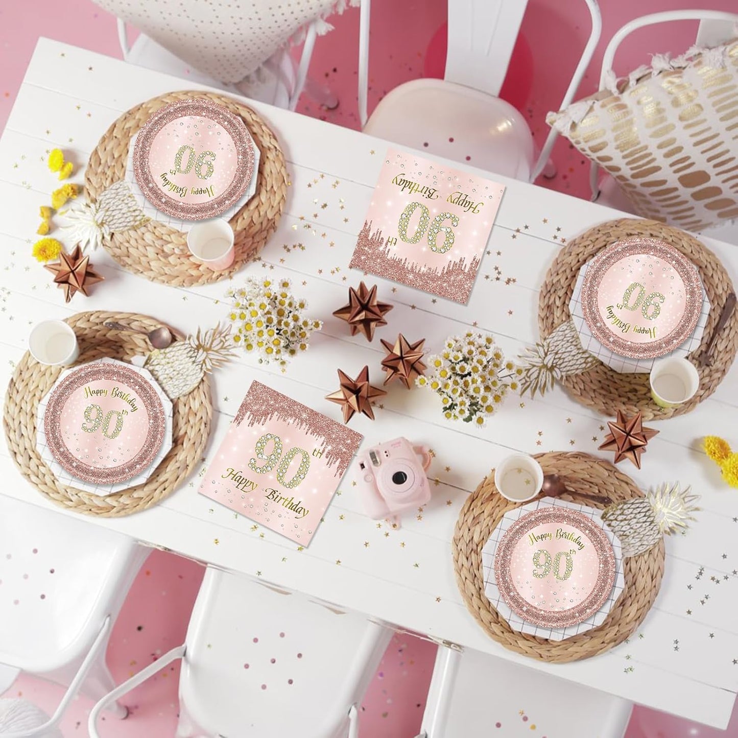 90th Birthday Decorations, Rose Gold Birthday Party Supplies Include 20Pcs Plates 20Pcs Napkins Sweet Ninety Year Old Party Tableware for Girl Ladies Women