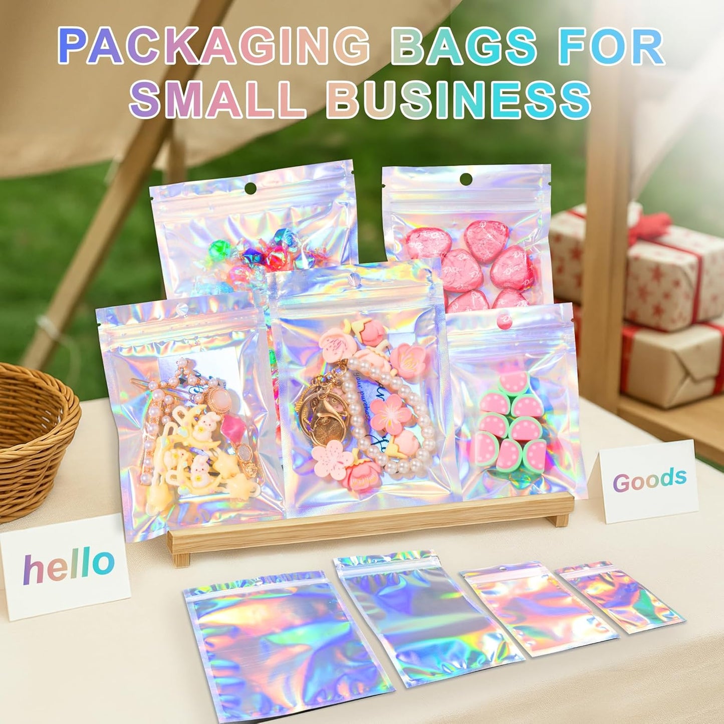 ANZNKU 100 Pack Mylar Bags Reasealable Holographic Bags, Smell Proof Bag Zipper Pouches with Clear Window, Jewelry Candy Sealable Bag for Packaging Sample Party Favor (5.5 x 7.9 Inch)