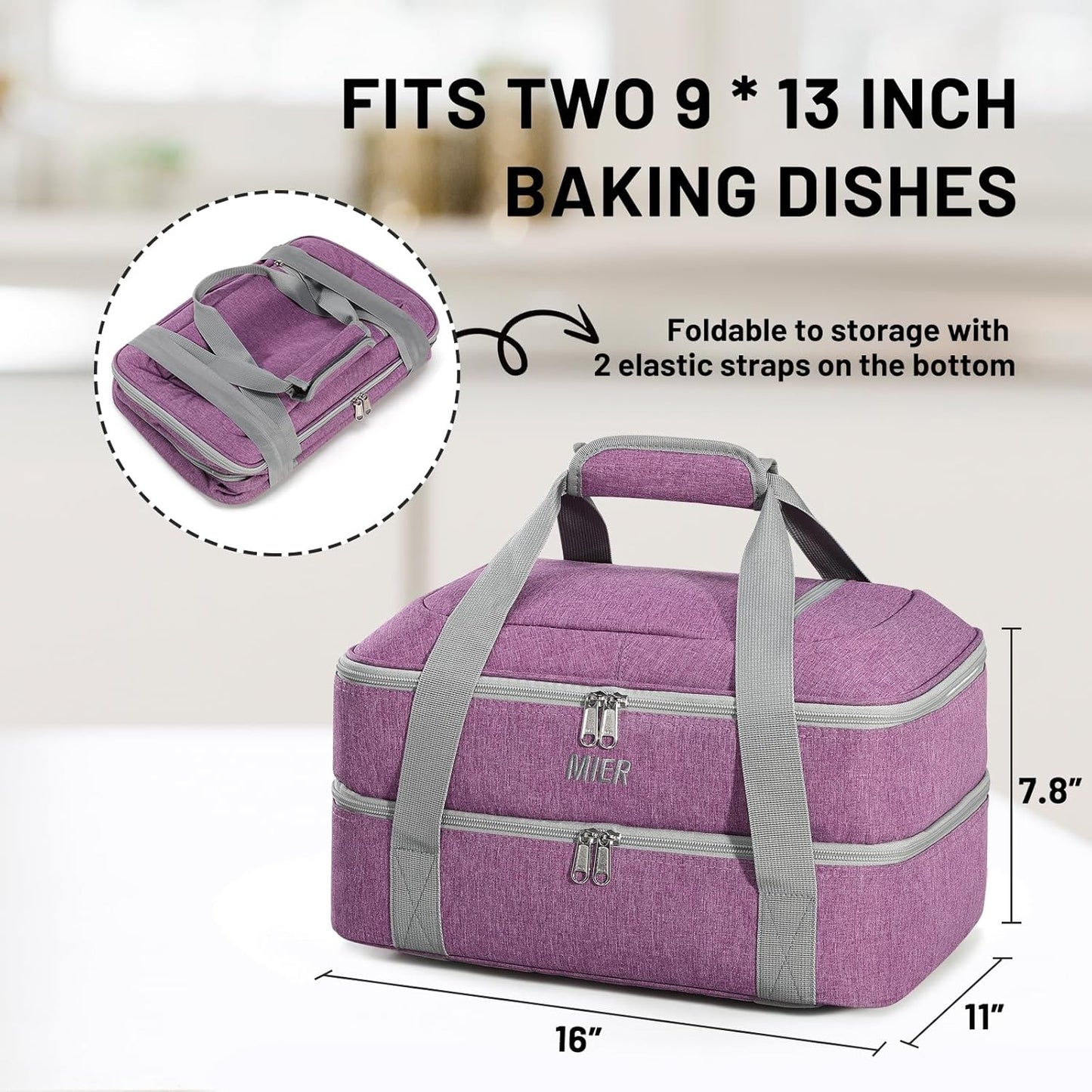 MIER Insulated Casserole Carrier Fits 9"x13" Baking Dishes/Foil Pans, Double Food Carriers Bag Thermal Holder for Hot or Cold Food Lasagna Lugger Potluck Parties Picnic Travel, Purple