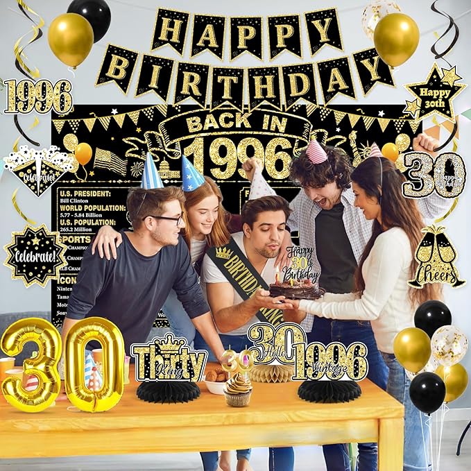 30th Birthday Decorations for Him, Black Gold Back in 1996 Party Decor Kit, Happy 30th Birthday Party Supplies with Sash, Banner, Backdrop, Balloons, Cake Topper, Honeycomb Centerpieces