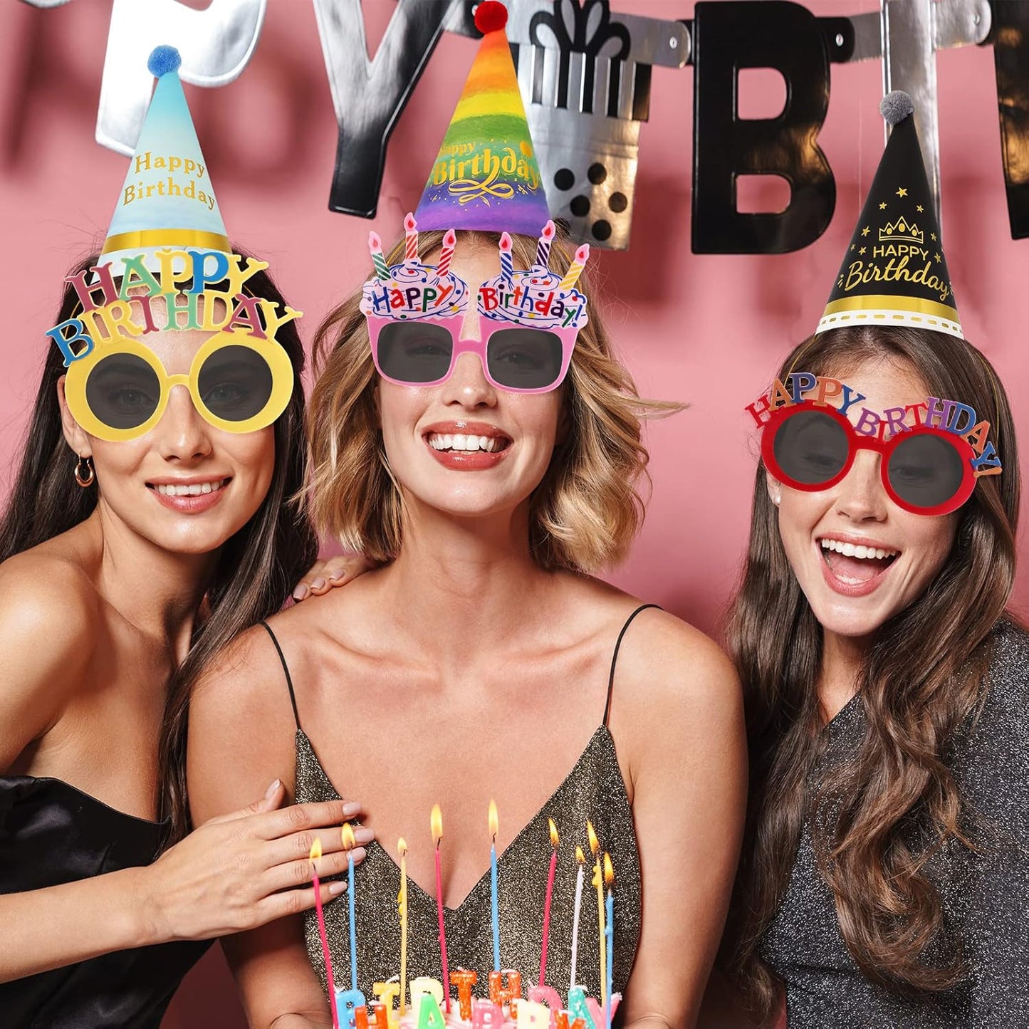 16 Pcs Birthday Party Hats Party Cone Hat with Pom Poms Birthday Glasses Photo Booth Props for Kids Adults (Cute Style)