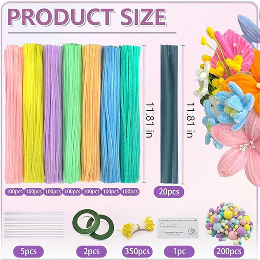 620 Pieces Pipe Cleaners Craft Set, 600 Pcs Pastel Chenille Stems with 20 Pcs Flower Stems, Craft Supplies Bulk for DIY Art and Craft Projects Creative Gift Wrapping Party Decorations(Macaron Series)