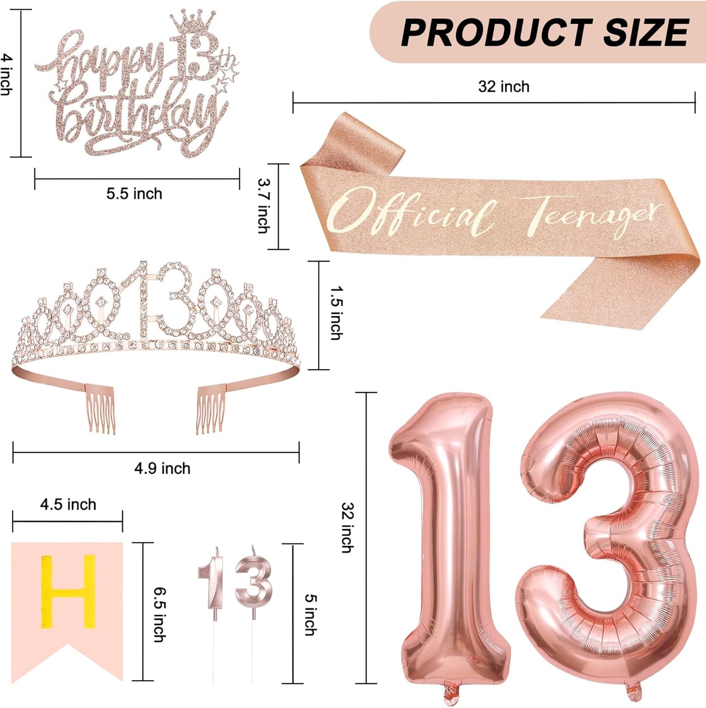 13th Birthday Decorations for Girls, Including 13th Tiara and Sash, Happy Birthday Banner, Cake Toppers, Number Candles and Balloons Set, Rose Gold