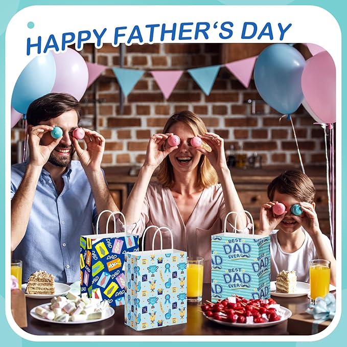 Gilprop 48 Pcs Father's Day Gift Bags Bulk Dad Party Supplies, 8 Inch Happy Father's Day Paper Treat Goodie Bags with Handle, Dad Ever Gifts Favors for Him Birthday Anniversary