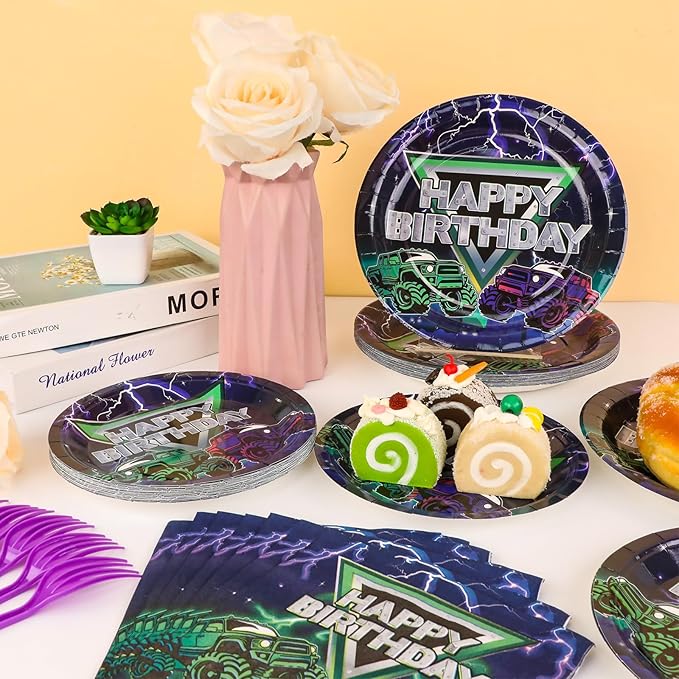 OBUSATT 96Pcs Monster Truck Birthday Party Supplies Truck Birthday Paper Plates Napkins and Forks Monster Truck Party Decorations Green Purple Dinnerware Party Favor ableware Serves 24