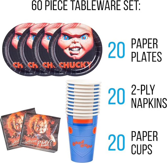 Silver Buffalo Chucky Wanna Play 60 Pack Partyware Disposable Paper Plates, Napkins, and Cups