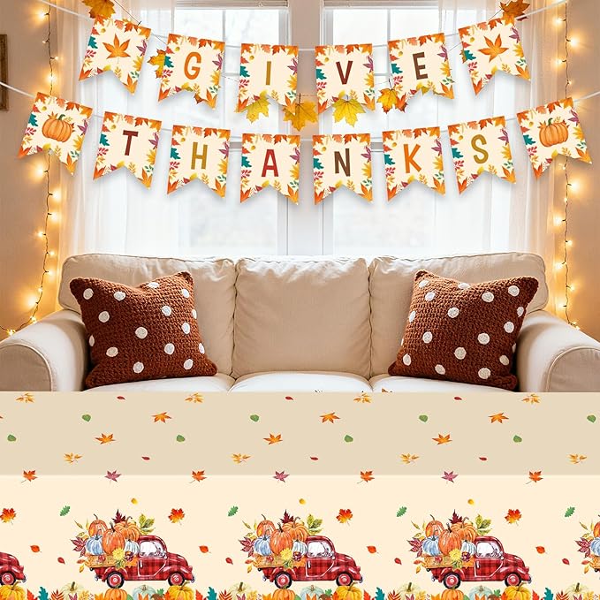 Give Thanks Banner - Happy Thanksgiving Decorations Banners, Fall Maple Leaf Pumpkin Sign Garland Backdrop Banner for Thanksgiving Party Supplies Favors Indoor Outdoor Home Office Wall Door Decor