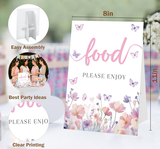Butterfly Baby Shower Tabletop Sign, Food Please Enjoy, Include One 8×11 Sign with holder, Purple Butterfly Gender Reveal Party Decoration Supplies - FL32