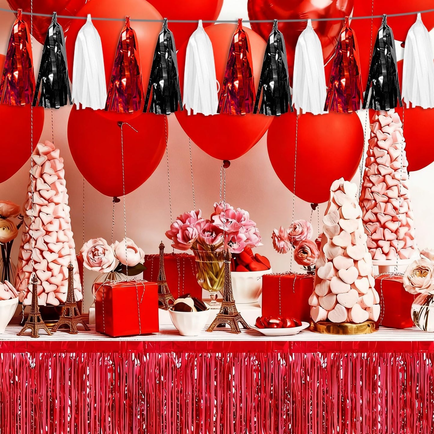 3P Black Red White Tassel Banner Garland Metallic Foil Fringe Banner Tinsel Tassels Streamer Banner Backdrop for Parade Floats Graduation, Halloween, Christmas, Father's Day Party Decorations